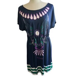 Moon Collection Tribal Print Dress Women Size M Navy Dolman Sleeve Boho Festival